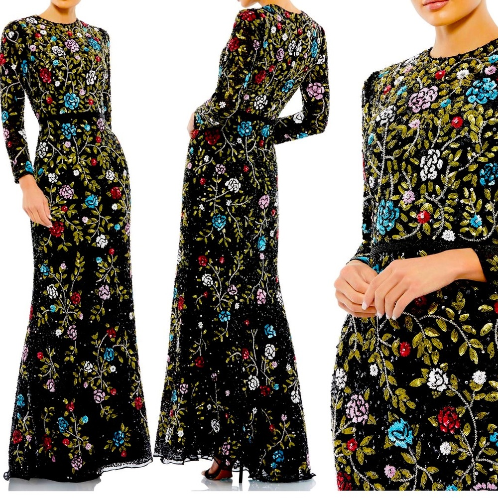 Floral Embellished Long Sleeve Gown